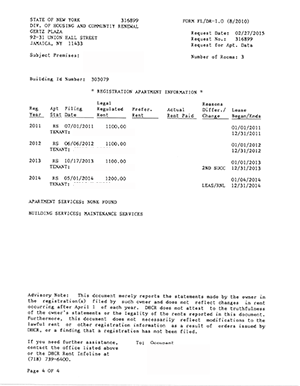 Sample rent history provided by the NY DHCR. The letters RS under the Apartment Status column means rent stabilized.